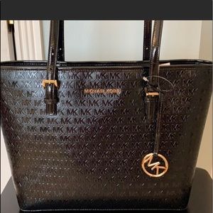 Michael Kors Jet Set Travel Black Patent Leather Carry all Tote